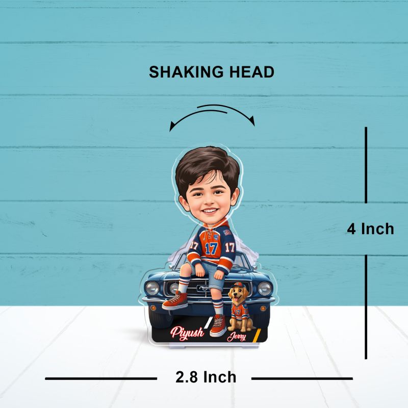 Personalized Bobblehead Caricature with Motorcycle Solar Car Accessories for Dashboard Decor Solar Powered Head Shaking Feature (Customized Boy & Dog Caricature)
